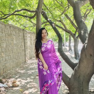 Flower Design Violet Khadi Cotton Saree