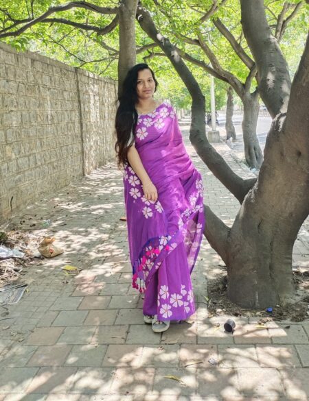 Flower Design Violet Khadi Cotton Saree