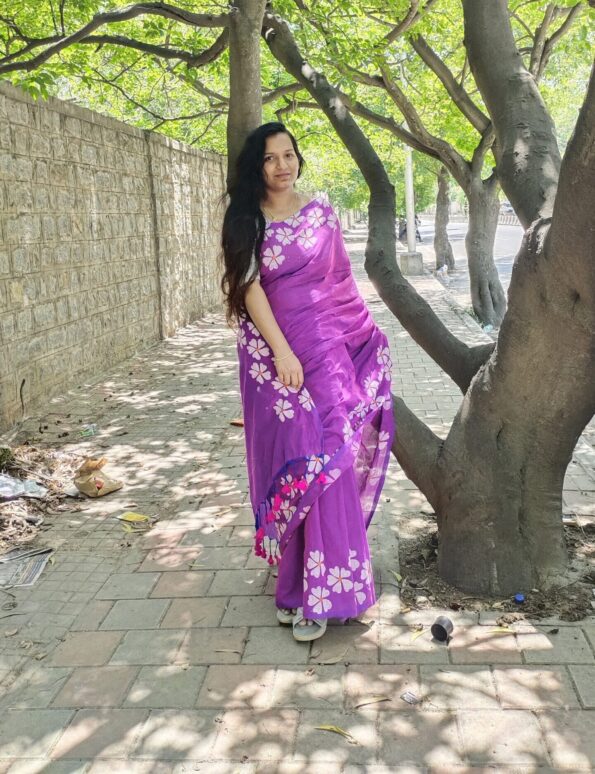 Flower Design Violet Khadi Cotton Saree