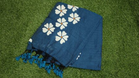 Flower Design Blue Khadi Cotton Saree